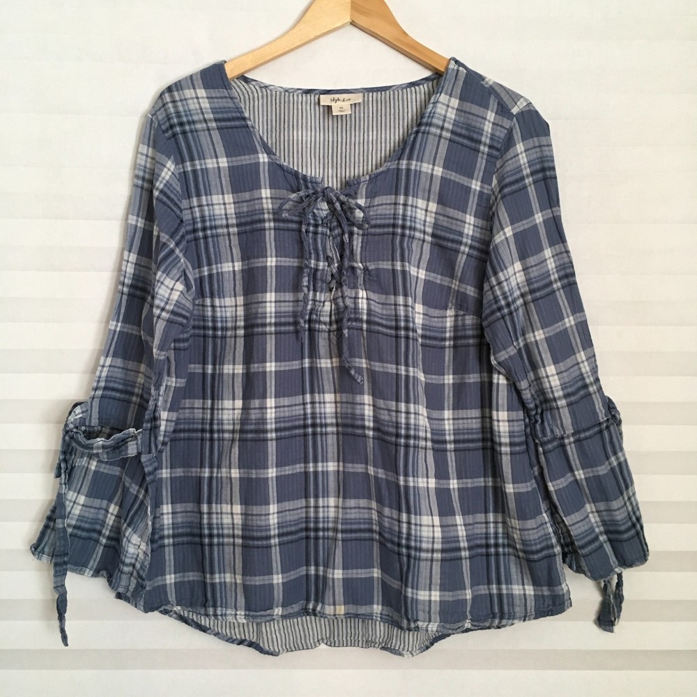 Style & Co Womens Pull Over Blouse Top Size XL 100% Cotton 3/4th Tie Sleeve